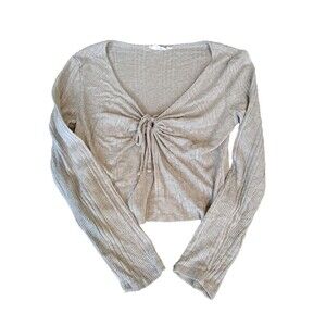 Hippie Rose Women's Boho Light Knit Crop Top Beige V-Neck  Size XL